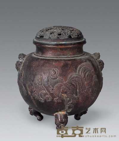 清 铜錾花大吉香熏 高13cm